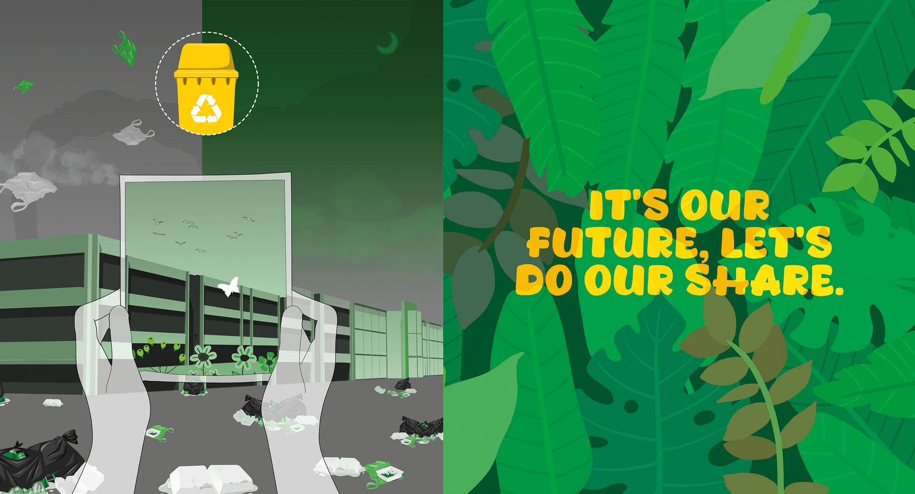 An illustrative mural showing someone holding up a photograph in front of 麻豆視頻_麻豆直播_麻豆传媒官网 London with the words 'It's our future, let's do our share' on the right